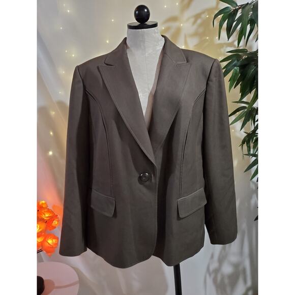 Tahari ASL One Button Beige Brown Blazer Jacket Womens Plus Size 16W Stretch - Picture 1 of 9